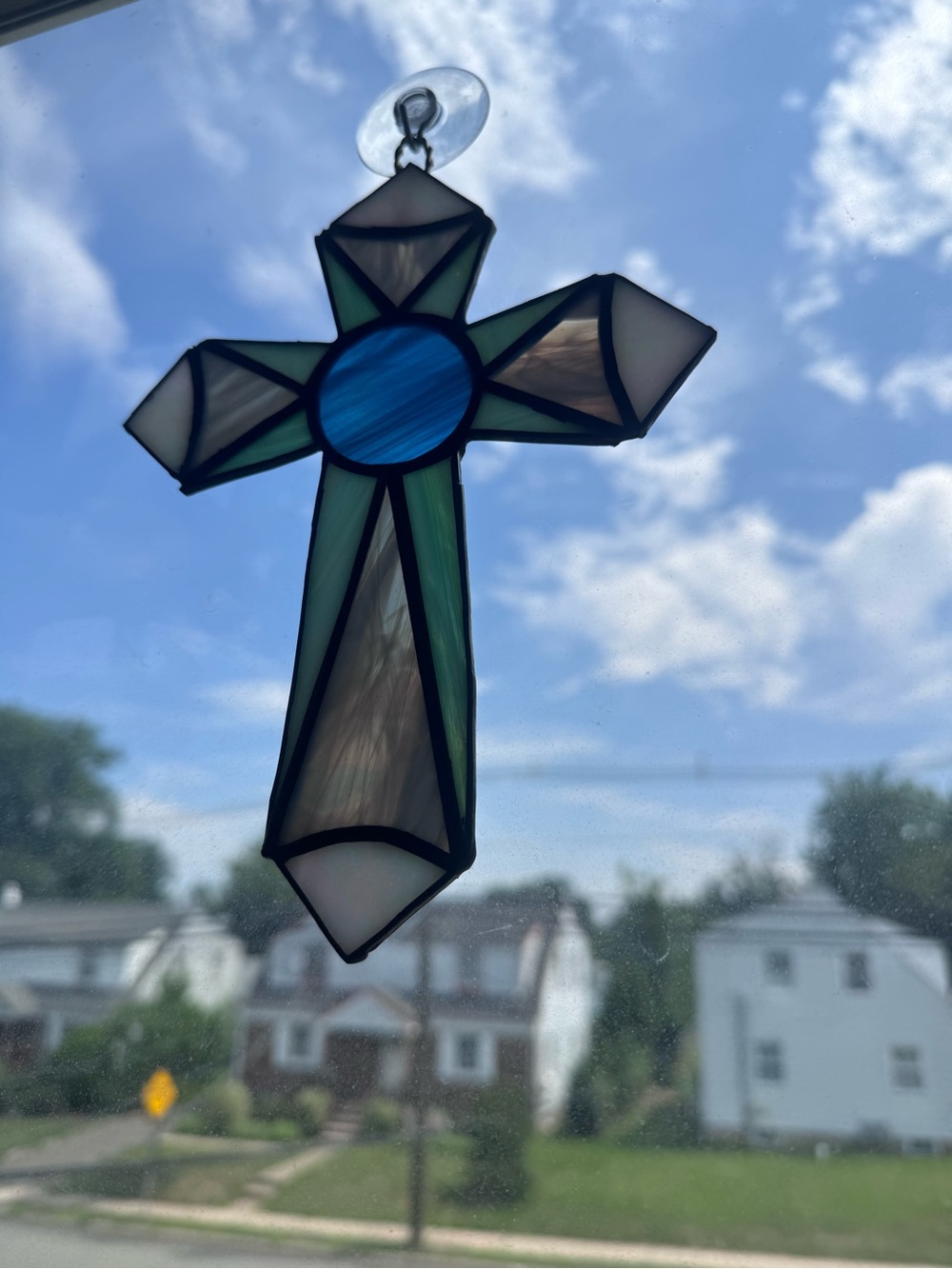 Stained Glass Cross Suncatcher - Blue and Green